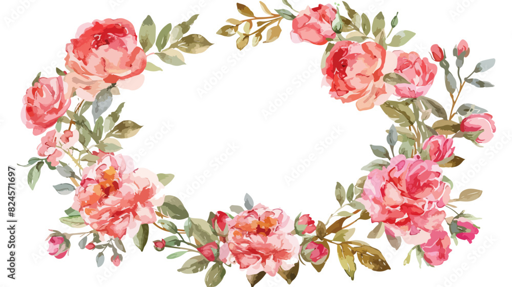 Wreath of watercolor flowers. Round frame with peonie