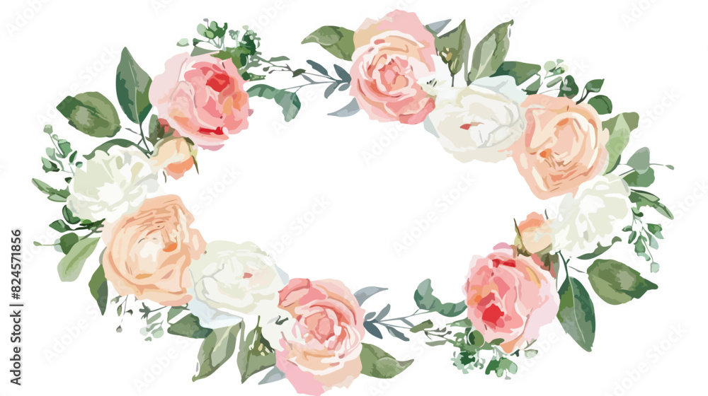 Wreath round frame. Watercolor flowers pink and white