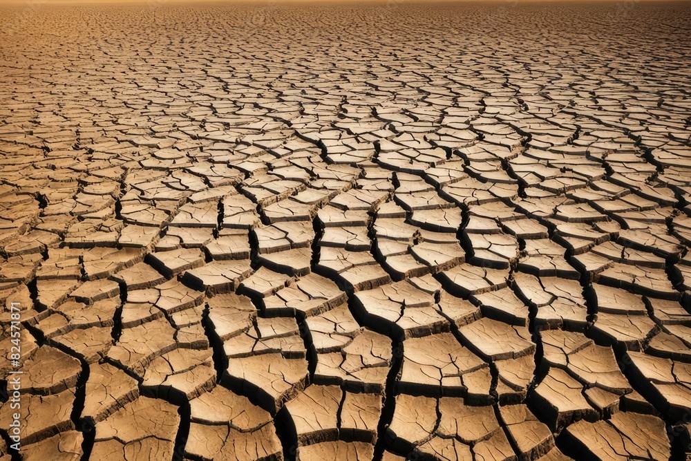 Desertification depicted - cracked parched land due to droughts.