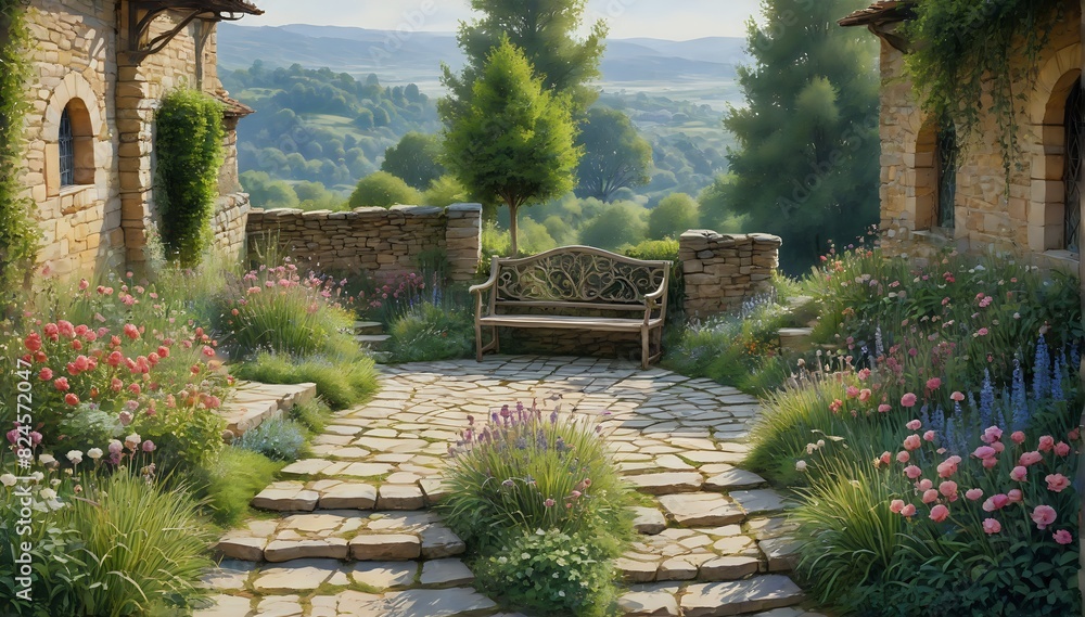 Obraz premium A serene garden scene with a classical design and stone pathway