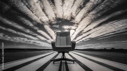 A modern office chair installed on the runway of an airfield, against the backdrop of a dramatic sky covered with clouds is a concept of growth and success.