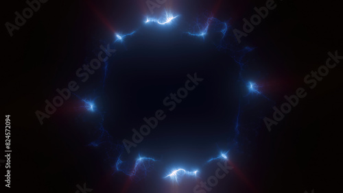Blue swirling circle frame of multicolored lines of energy particles. Abstract background
