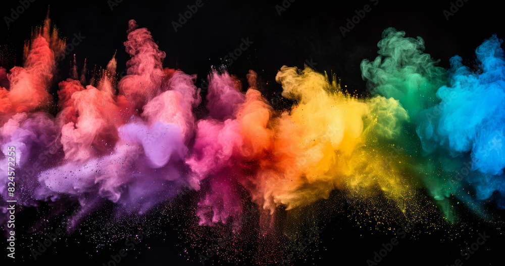 An explosion of colored powder on a black background. The concept of a beautiful party. An explosion of colored powder on a black background. The concept of a beautiful party.