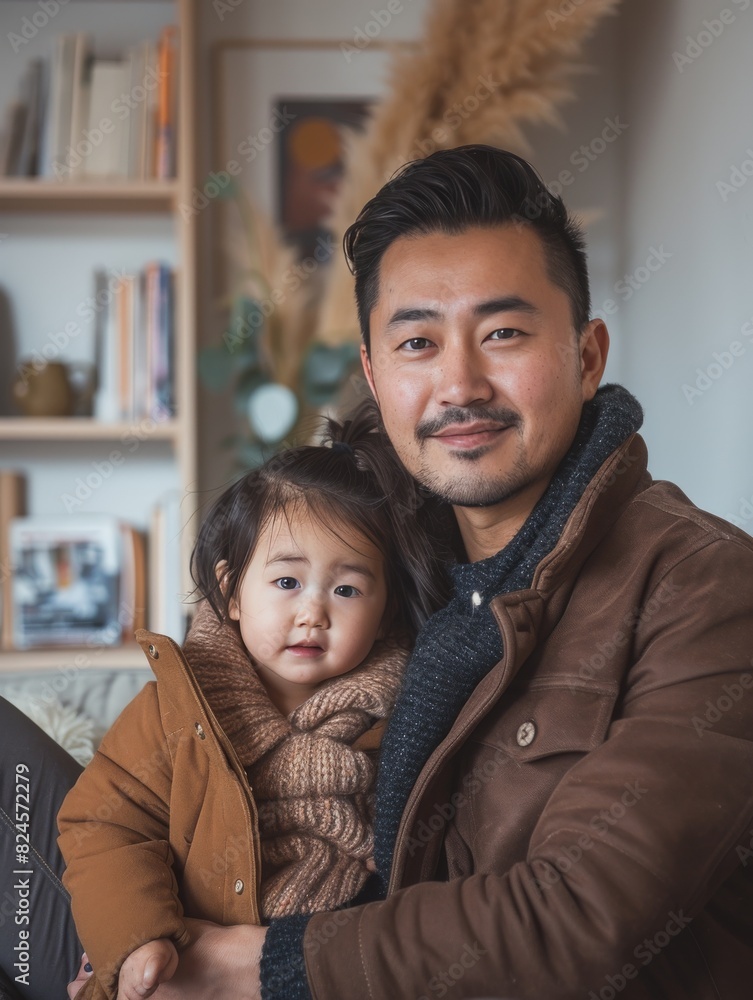 Photograph of an Asian single father in his late 30s, sharing a moment with his daughter. He's dressed in comfortable yet stylish clothes, capturing a warm, familial atmosphere in an urban setting Photograph of an Asian single father in his late 30s, sharing a moment with his daughter. He's dressed in comfortable yet stylish clothes, capturing a warm, familial atmosphere in an urban setting
