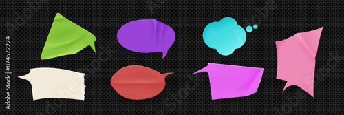 Grunge sticker in form of speech bubble. Realistic 3d vector illustration set of glued school chat note paper with wrinkles and torn edge. Adhesive crumpled speak and think cloud. Conversation patch.