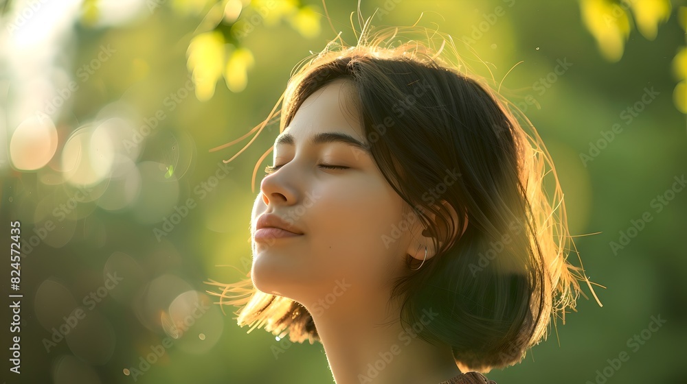 Young woman enjoys peace in nature with eyes closed. Serene morning sunlight and green background create beautiful, tranquil setting. Ideal for relaxation and mindfulness concepts. AI Young woman enjoys peace in nature with eyes closed. Serene morning sunlight and green background create beautiful, tranquil setting. Ideal for relaxation and mindfulness concepts. AI
