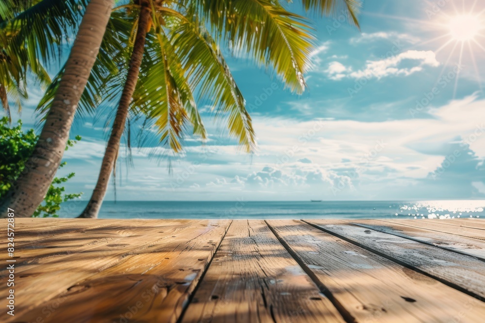 The sea with palm trees in the foreground. A mirrored wooden platform with a smooth horizontal texture in the foreground with beach. The sea with palm trees in the foreground. A mirrored wooden platform with a smooth horizontal texture in the foreground with beach.