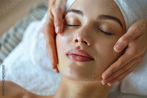 Beauty rejuvenation session  woman treated to serene spa facial massage
