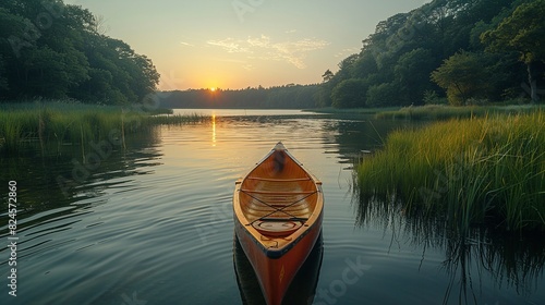 Environmental conservation concept, A kayak floating on a clean lake, symbolizing recreational enjoyment of protected natural areas. Realistic Photo, photo