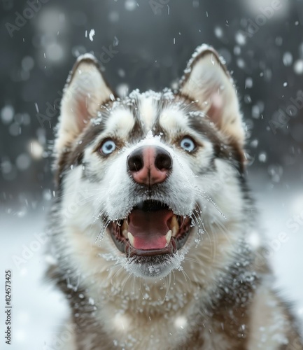 Siberian Husky Gazing Up at Falling Snowflakes