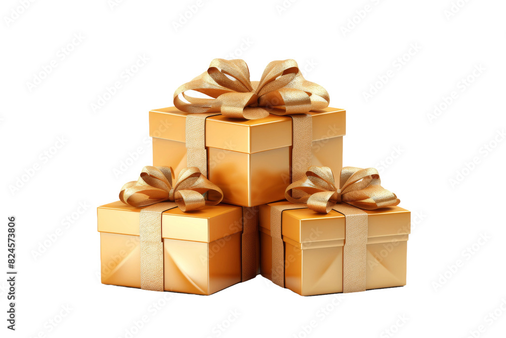 Gleaming Treasures: A Symphony of Golden Gift Boxes on a White or Clear Surface PNG Transparent Background. Gleaming Treasures: A Symphony of Golden Gift Boxes on a White or Clear Surface PNG Transparent Background.