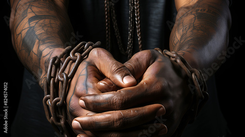 Hands of African man chained, symbolizing freedom on Juneteenth.