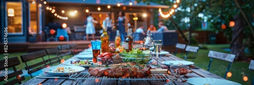 Grilled barbeque meat, fresh vegetables, and salads at a backyard dinner table. There is a happy joyful crowd dancing to music, celebrating, and having a good time in the background.