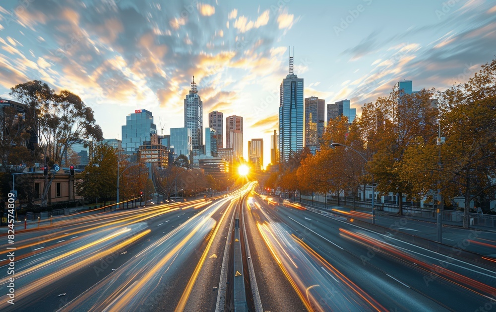 Sunset Cityscape with Traffic Flow Sunset Cityscape with Traffic Flow