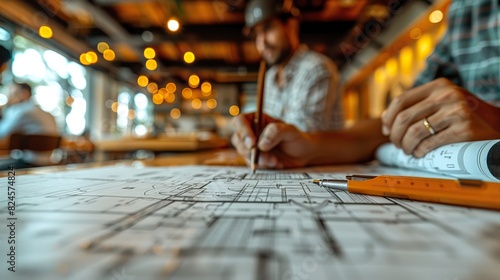 engineers work as a team with blueprints for architectural plans engineer sketching construction project concept with architect equipment architects talking at table with illustration image