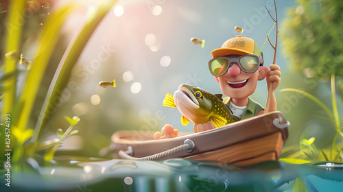 Cartoon fisherman's tale ishing on the beach with a fish in the water with hot of net underwater photo
