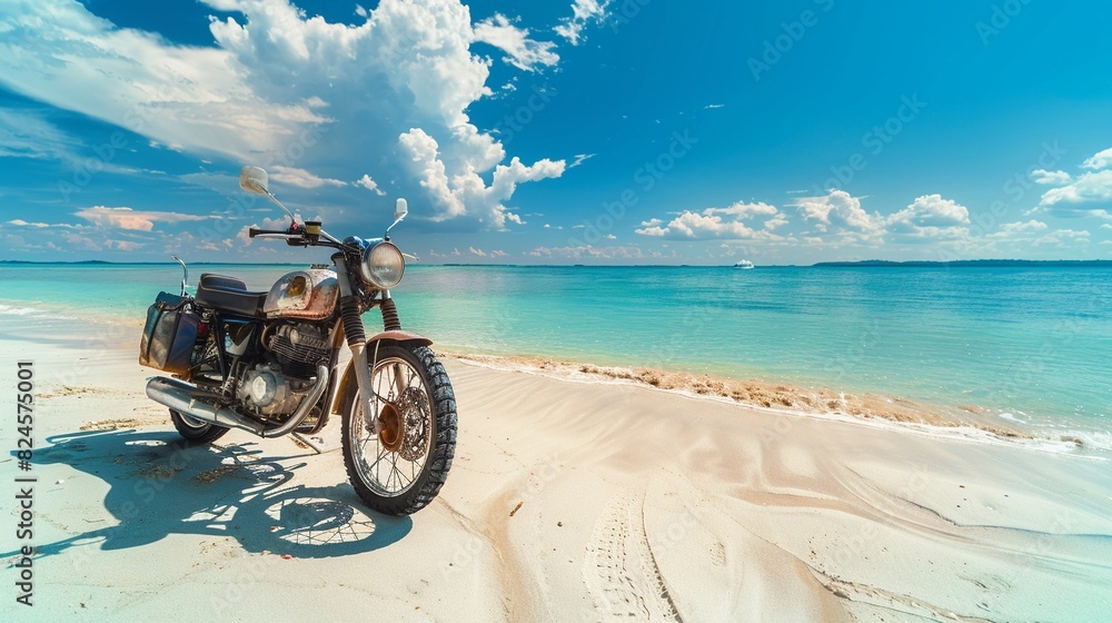 Obraz premium Old-fashioned motorcycle on sandy beach, clear sea, gentle breeze, summer vacation mood