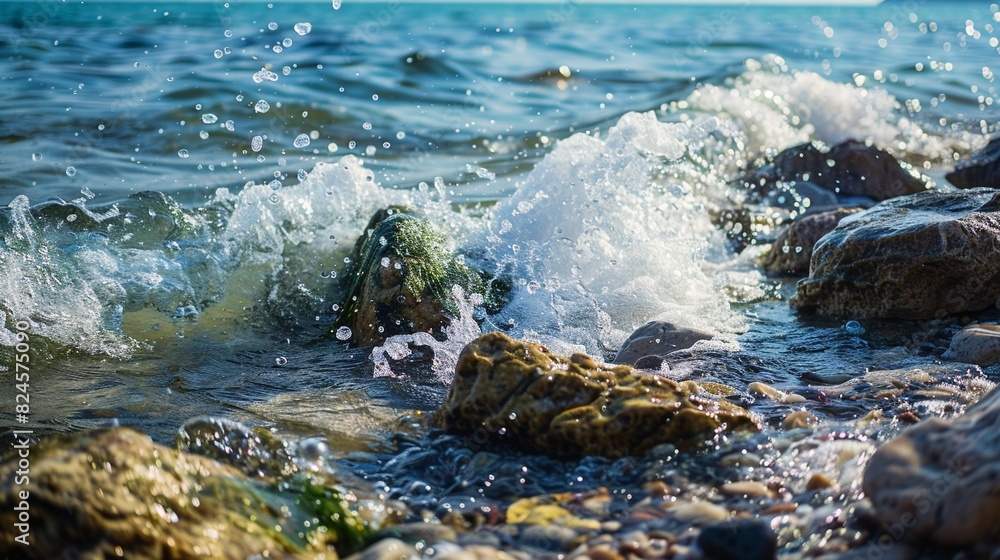 Ocean shore with circular waves lapping against rocks, raw and natural, vivid details, splashing water Ocean shore with circular waves lapping against rocks, raw and natural, vivid details, splashing water