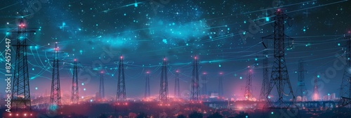 An overarching concept of renewable green energy and ecological environment with 3D digital visualizations of power transmission lines. A scenic, moving timelapse with a night sky full of stars. photo