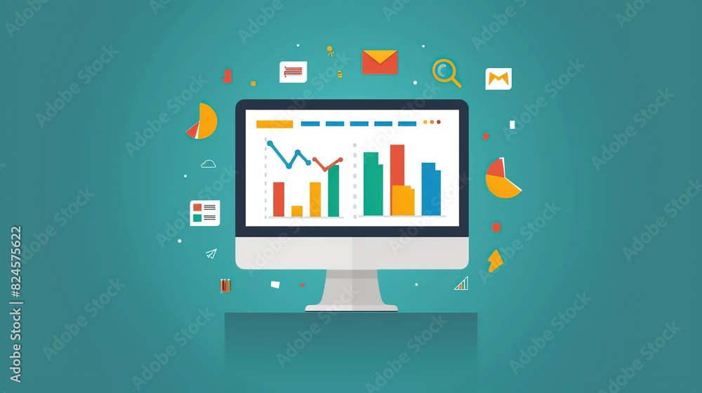 A computer monitor displaying a graph surrounded by colorful icons representing online marketing and data analysis. A computer monitor displaying a graph surrounded by colorful icons representing online marketing and data analysis.