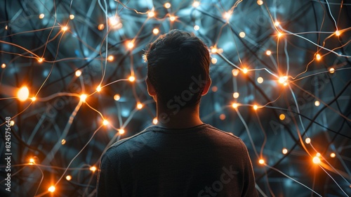 Man from behind, caught in a maze of illuminated wires, highlighting the pervasive reach of social media addiction photo