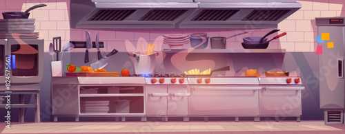 Commercial kitchen interior in restaurant for chef illustration. Professional cooking equipment with counter and modern furniture 2d background. Cafe serve room and dinner preparation process.