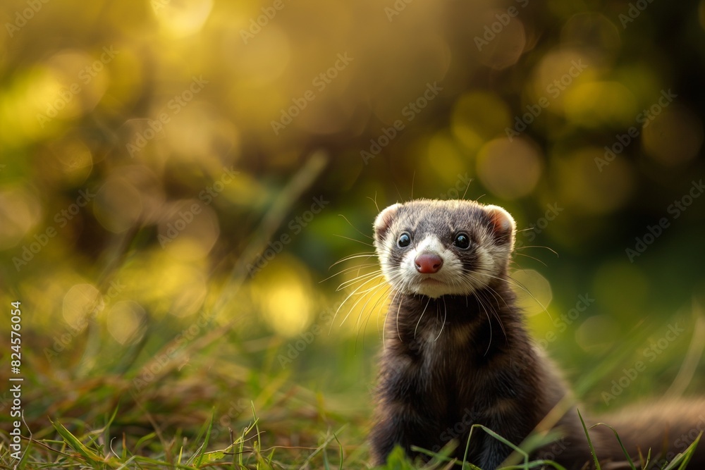 Close-up portrait of a ferret in a European woodland habitat. Blurred background, soft sunlight. Horizontal. Space for copy. Close-up portrait of a ferret in a European woodland habitat. Blurred background, soft sunlight. Horizontal. Space for copy.