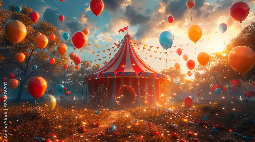 Fototapeta premium Colorful balloons floating around a vibrant circus tent at sunset, creating a magical, festive atmosphere filled with joy and wonder.