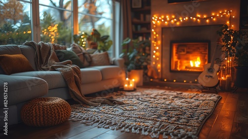 Cozy living room with a lit fireplace, decorated with fairy lights and a comfortable sofa, perfect for a relaxing evening indoors.