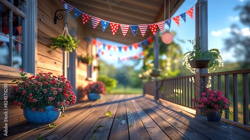 Cozy wooden porch decorated with colorful bunting, potted flowers, and plants basking in warm, golden sunlight, creating a serene outdoor scene. photo