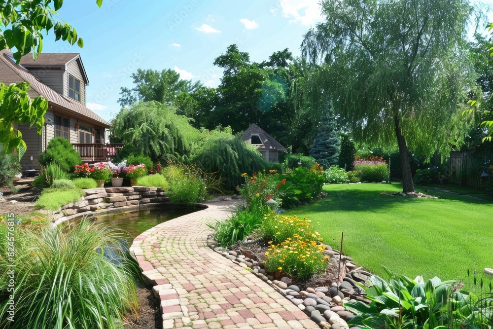 Landscaping. Beautiful Landscape Design in Home Garden, Backyard Oasis in Summer
