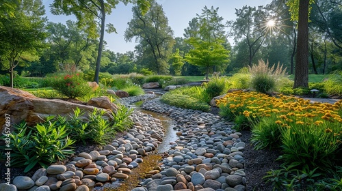 Environmental conservation concept, A public park with native plants, promoting the use of indigenous species in landscaping to support local ecosystems. Realistic Photo,