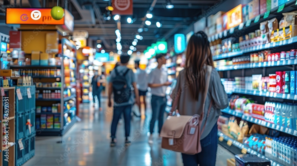 A woman shops for groceries in a brightly lit supermarket aisle, surrounded by other customers.