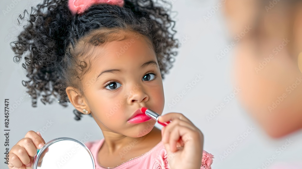 Cute little girl with curly hair playing with mom's lipstick. Bright and vivid colors. Perfect for family, childhood, and beauty topics. AI Cute little girl with curly hair playing with mom's lipstick. Bright and vivid colors. Perfect for family, childhood, and beauty topics. AI