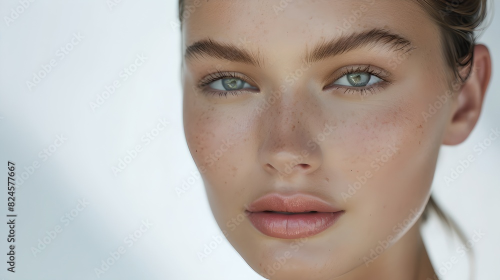 Fototapeta premium Close-up portrait of a woman with a natural look. Focus on clear skin and blue eyes. AI