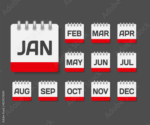 Set of year month calendar page icons