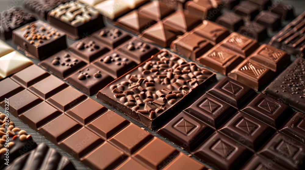Table covered in various chocolate bars of different flavors and types, neatly arranged with high detail and rich colors. Generative AI Table covered in various chocolate bars of different flavors and types, neatly arranged with high detail and rich colors. Generative AI