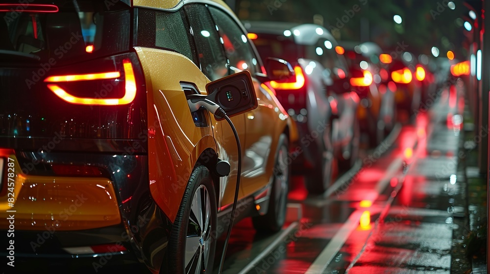 Environmental conservation concept, A row of electric vehicles charging at a station, highlighting the adoption of cleaner transportation options. Realistic Photo, Environmental conservation concept, A row of electric vehicles charging at a station, highlighting the adoption of cleaner transportation options. Realistic Photo,