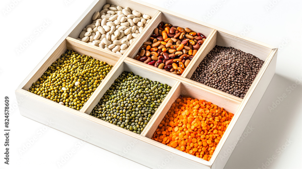 Six box tray filled with lentils