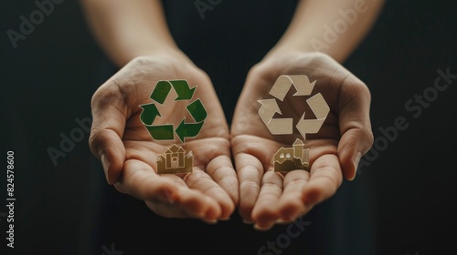 Wallpaper Mural Hands holding green and beige recycling symbols with small houses beneath, symbolizing sustainable living and eco-friendly communities. Torontodigital.ca