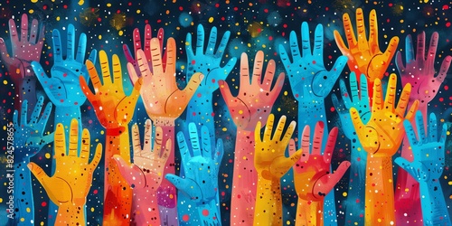 Image of colorful hands reaching across racial divides in solidarity on Juneteenth, creative illustration. photo
