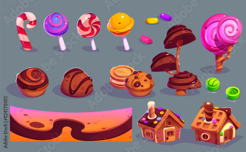 Game level creation kit - candy land assets. Cartoon vector set of sweet dessert for dream world landscape - ground with chocolate river, houses, trees and objects from cookies, lollipops and waffles.