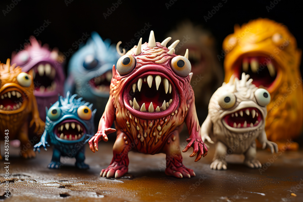 Group of toy monsters with big teeth and fangs on their faces. Group of toy monsters with big teeth and fangs on their faces.