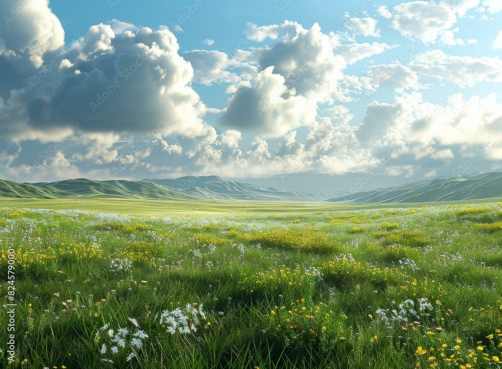 Beautiful Landscape With Green Grass and Flowers
