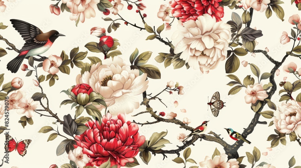 With peonies, trees, butterflies, and birds illustration in Chinoiserie style With peonies, trees, butterflies, and birds illustration in Chinoiserie style
