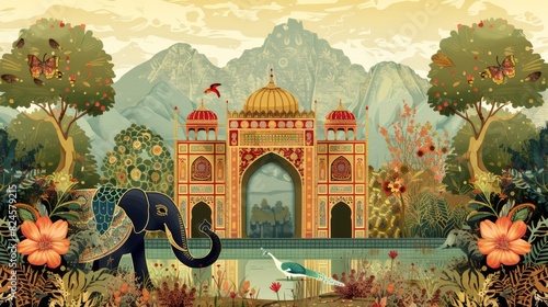 Illustration of a Mughal garden with elephants, peacocks, and arches photo
