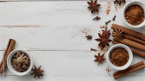 Warm aromatic spices on white wooden background. Perfect for culinary and food blogs. Rustic style showcase displaying star anise, cinnamon, and other spices. AI photo