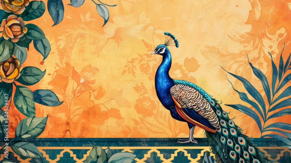 A Moroccan frame pattern illustrating plants and peacocks for an invitation A Moroccan frame pattern illustrating plants and peacocks for an invitation