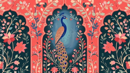 Seamless pattern of a traditional Mughal garden with an arch, a peacock, and plants