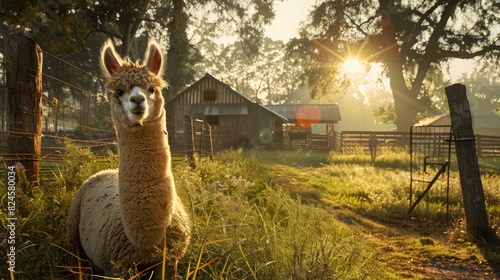 Alpaca in farm, Illustration of llamas with their flocks in the forest, wildlife, Graceful Alpaca and Llama Portraits Amidst Majestic Mountains, group of alpacas on the savannah surounded photo
